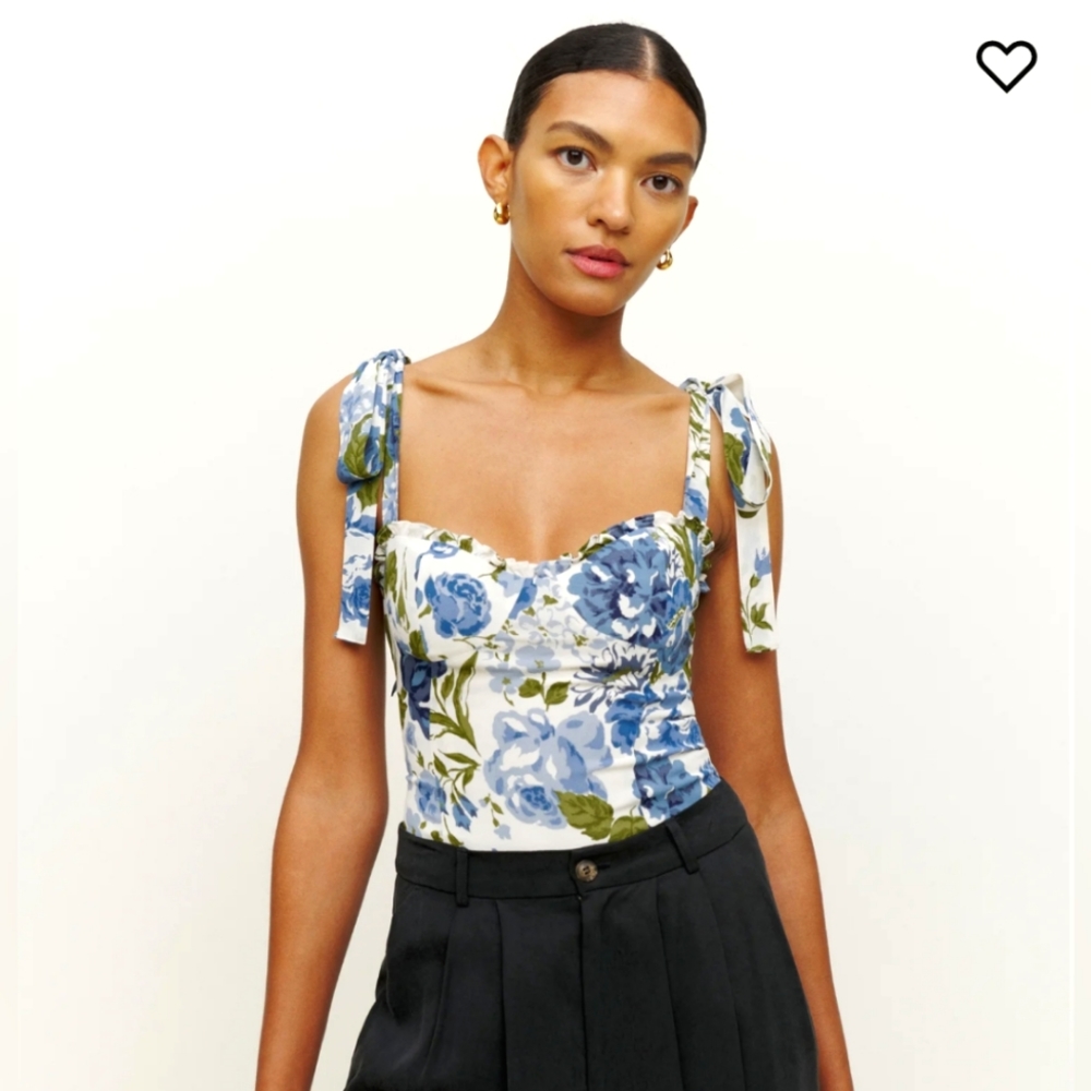 Reformation Blanca top white with blue floral